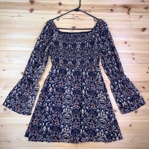 Sage The Label Dress Womens XS Black Floral Lined Bell Sleeve Boho Mini Dress